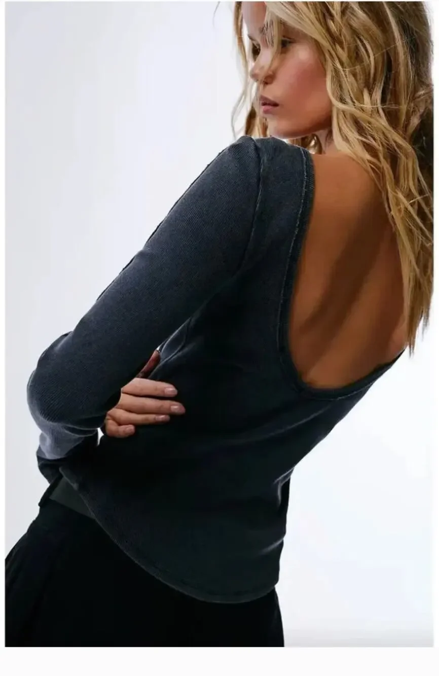 NEW Free People Unapologetic Long Sleeve Ribbed Tee Black Scoop Back S top